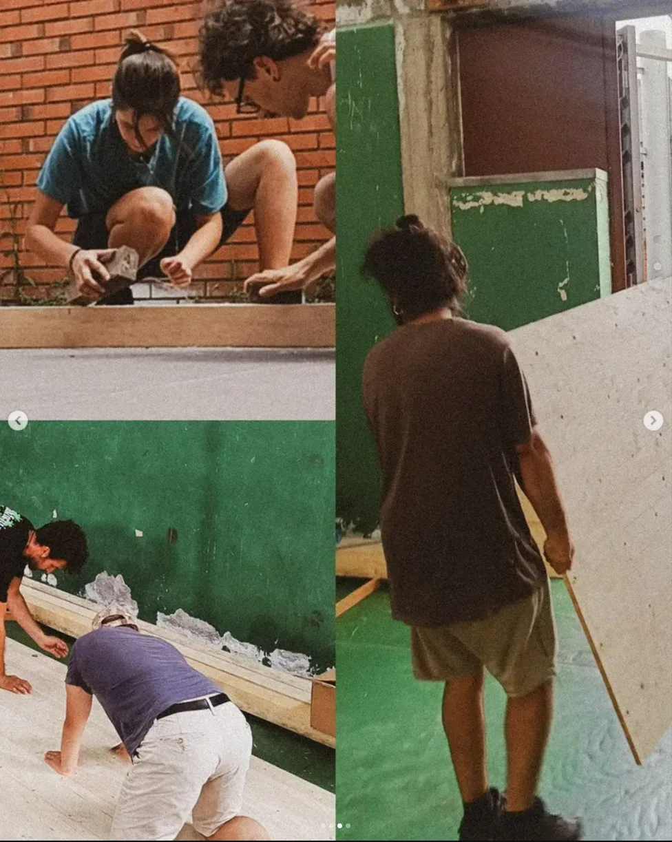 Collage del montaggio: lavoro sulla struttura alla base del muro verde e trasporto di un pannello forato
